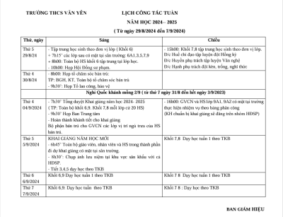 Lịch công tác tuần năm học 2024-2025 (từ ngày 29/8/2024 đến ngày 7/9/2024)