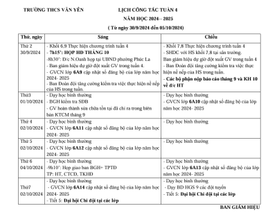 Lịch công tác tuần 4 (từ ngày 30/9/2024 đến 5/10/2524)