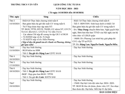 Lịch công tác tuần 6(Từ ngày 14/10/2024 đến ngày 19/10/2024)