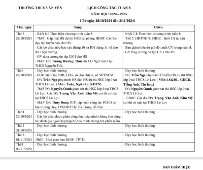 Lịch công tác tuần 8 (từ ngày 28/10/2024 đến ngày 2/11/2024)