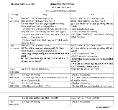 Lịch công tác tuần 17 (từ ngày 30/12/2024 đến ngày 4/1/2025)