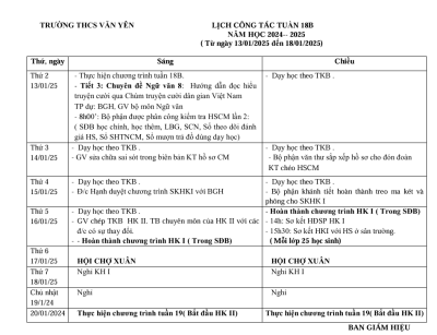 Lịch công tác tuần 18B (từ ngày 13/1/2025 đến ngày 18/1/2025)