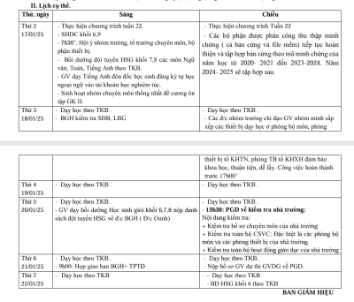 Lịch công tác tuần 22 (từ ngày 17/2/2025 đến ngày 22/2/2025)