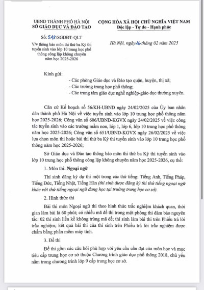 Hà Nội thông báo môn thi thứ ba Kỳ thi tuyển sinh vào lớp 10 THPT không chuyên năm học 2025-2026