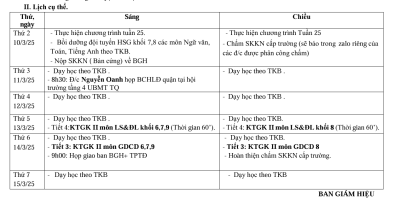 Lịch công tác tuần 25 ( Từ ngày 10/3/2025 đến 15/3/2025)