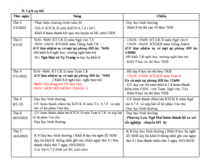 Lịch công tác tuần 33(Từ ngày 5/5/2025 đến ngày 10/5/2025)