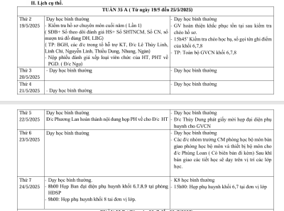 Lịch công tác tuần 35A(Từ ngày 19/5/2025 đến ngày 25/5/2025)