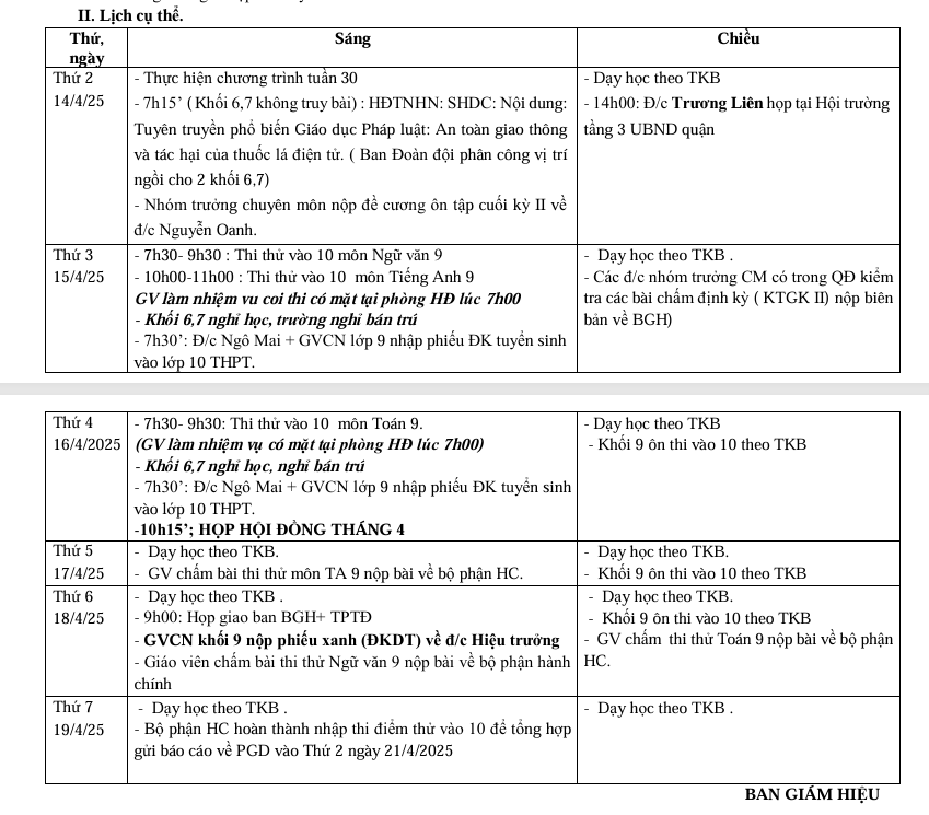 Lịch công tác tuần 29(Từ ngày 7/4/2025 đến ngày 12/4/2025)